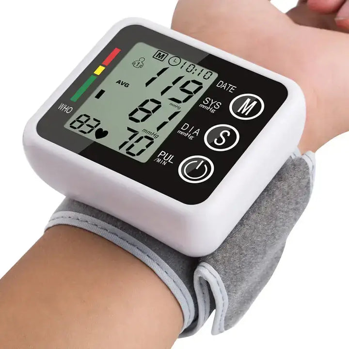 Wrist Blood Pressure Monitor device displaying blood pressure measurements for accurate reading