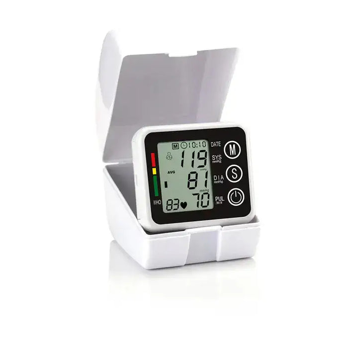 Digital blood pressure monitor in white case, Wrist Blood Pressure Monitor for accurate pressure readings