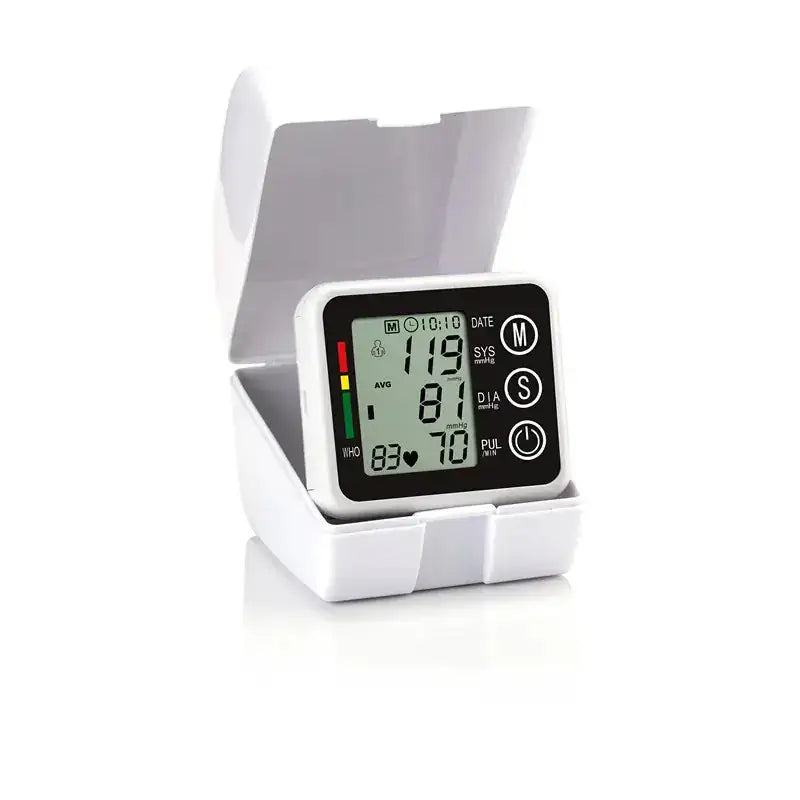 Digital blood pressure monitor in a white case, ideal for accurate blood pressure readings